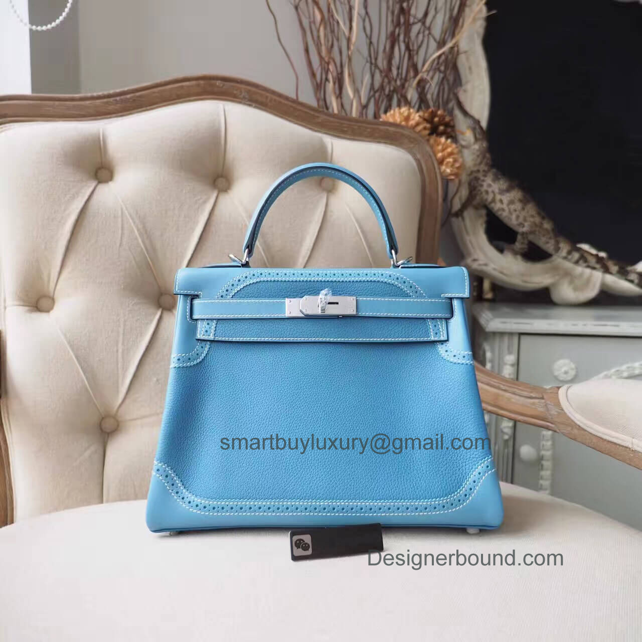Hermes Kelly 28 Bag Ghillies in ck75 Blue Jean Togo PHW